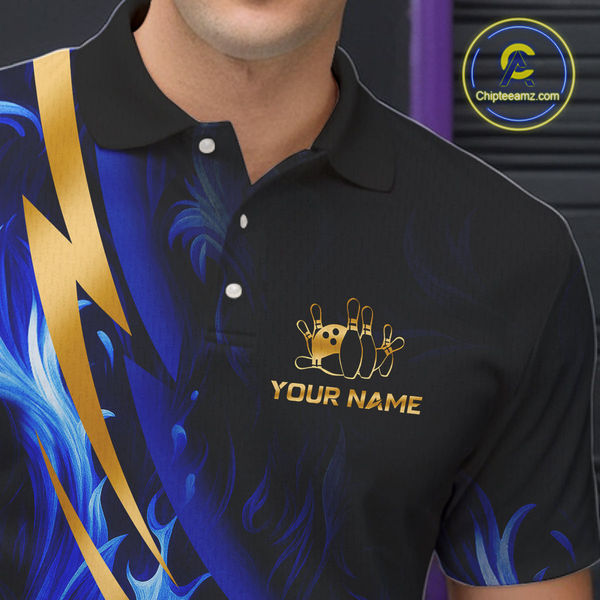 Personalized Bowling Polo, Quarter Zip Shirts Custom Blue Flame and Gold Bowling Team Jersey
