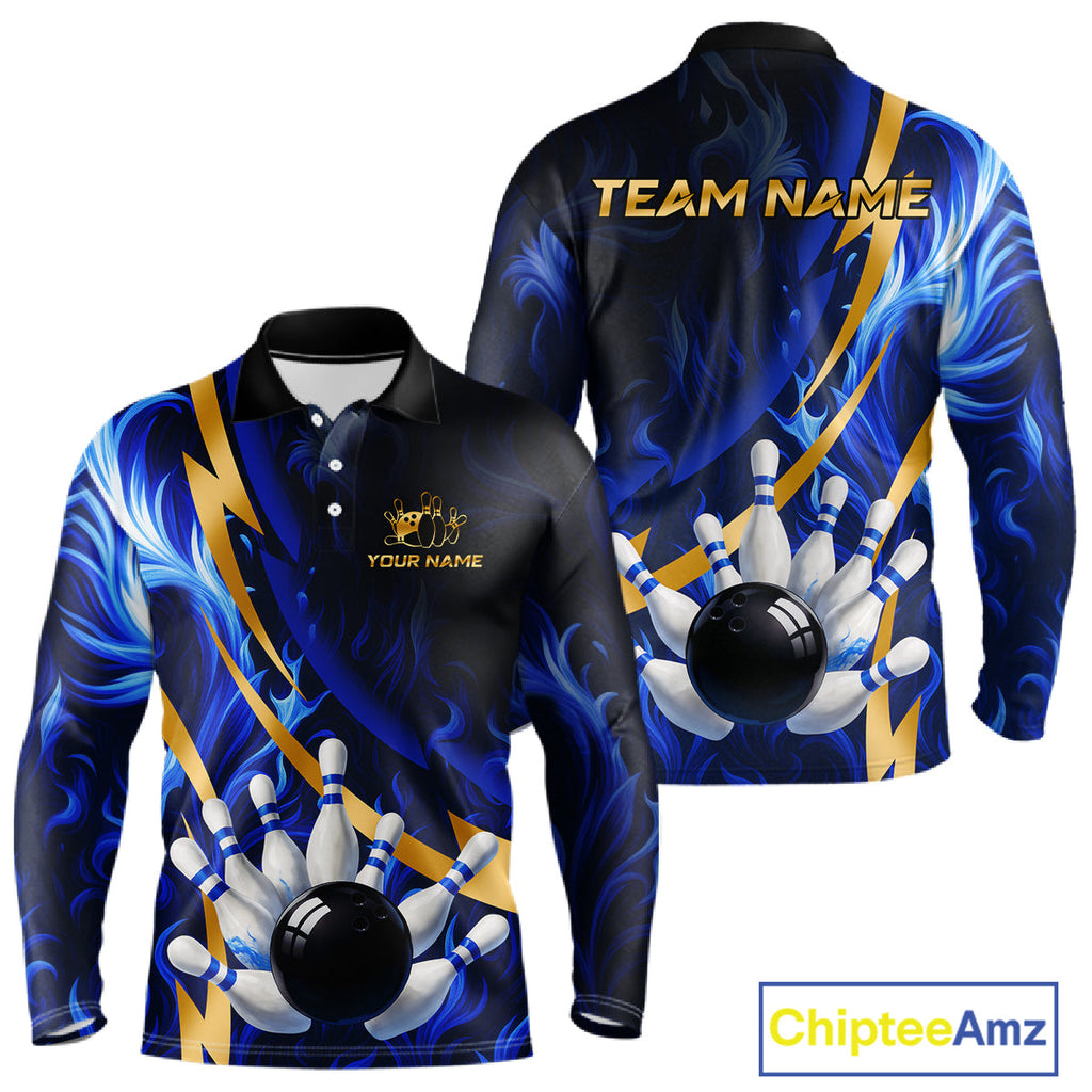 Personalized Bowling Polo, Quarter Zip Shirts Custom Blue Flame and Gold Bowling Team Jersey