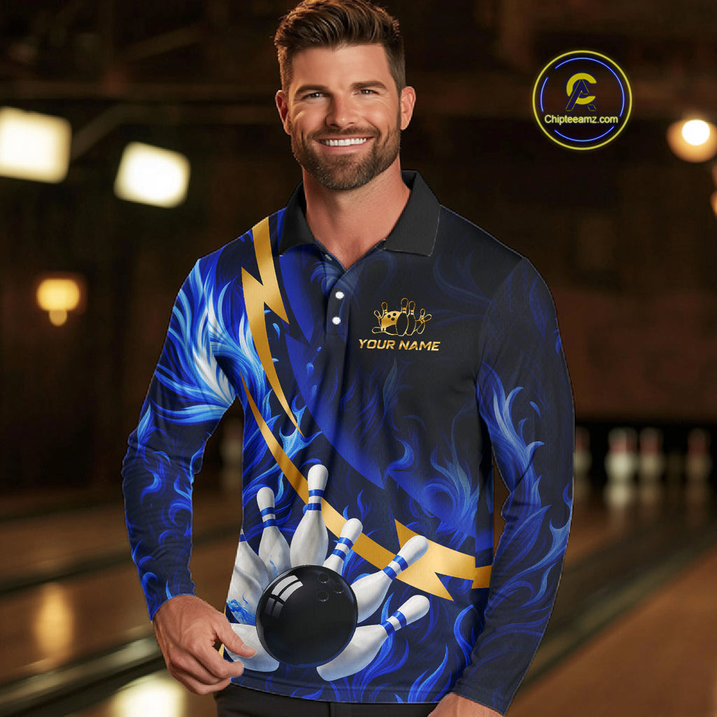 Personalized Bowling Polo, Quarter Zip Shirts Custom Blue Flame and Gold Bowling Team Jersey