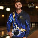 Personalized Bowling Polo, Quarter Zip Shirts Custom Blue Flame and Gold Bowling Team Jersey