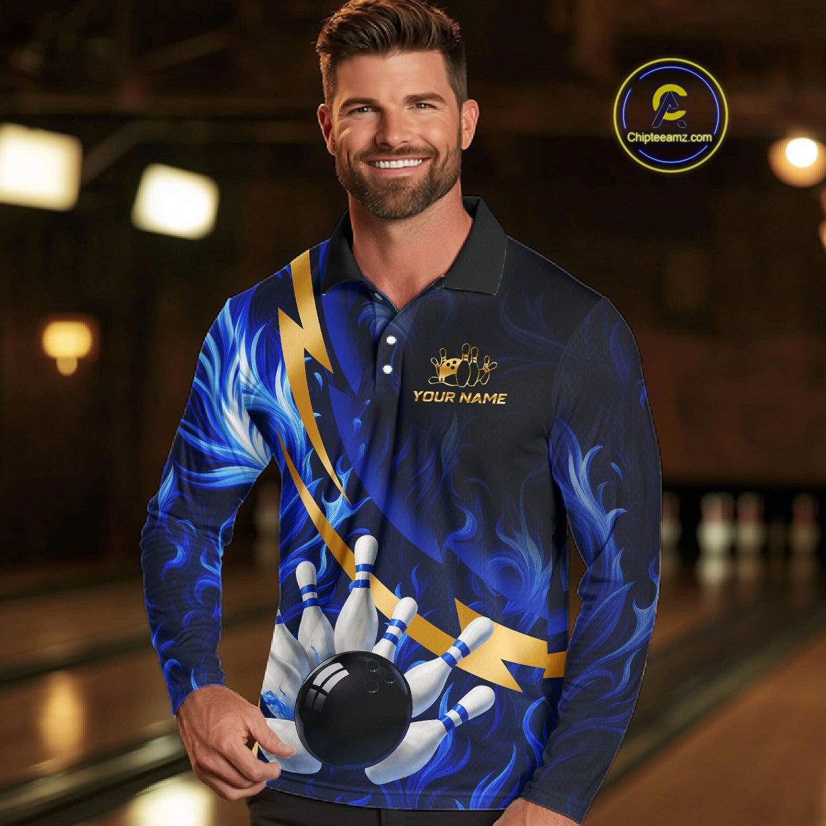 Personalized Bowling Polo, Quarter Zip Shirts Custom Blue Flame and Gold Bowling Team Jersey