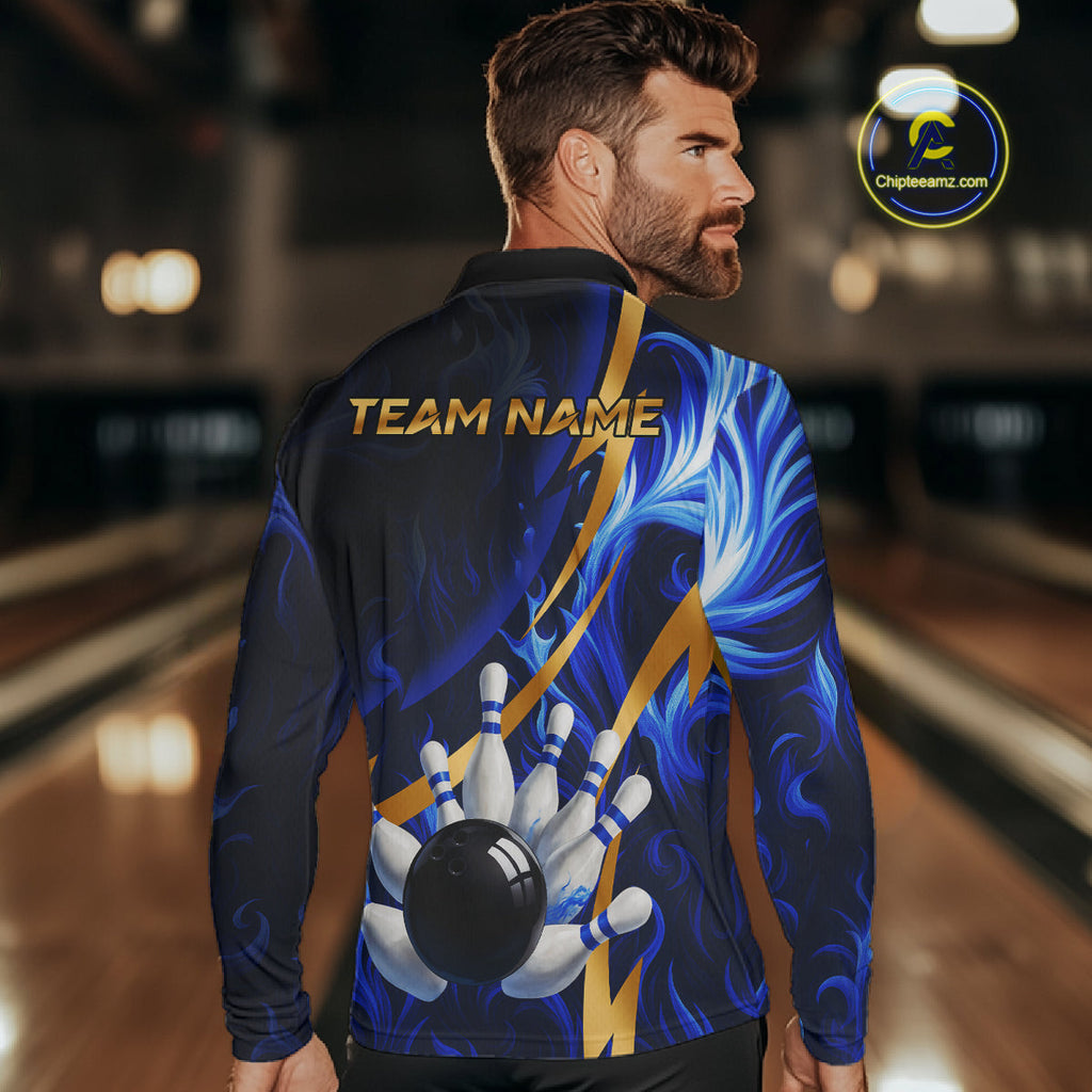 Personalized Bowling Polo, Quarter Zip Shirts Custom Blue Flame and Gold Bowling Team Jersey