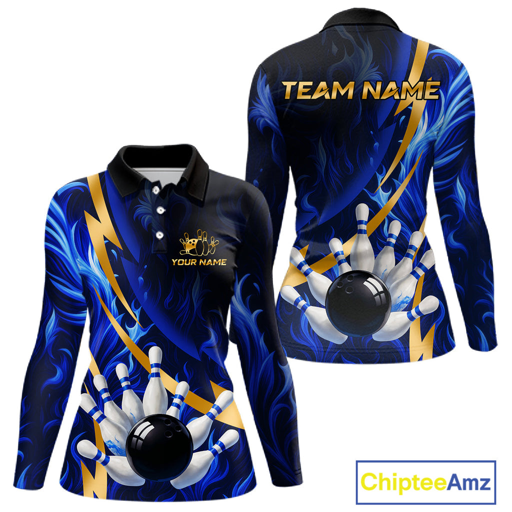 Personalized Bowling Polo, Quarter Zip Shirt Custom Blue Flame and Gold Bowling Team Jersey