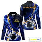 Personalized Bowling Polo, Quarter Zip Shirt Custom Blue Flame and Gold Bowling Team Jersey
