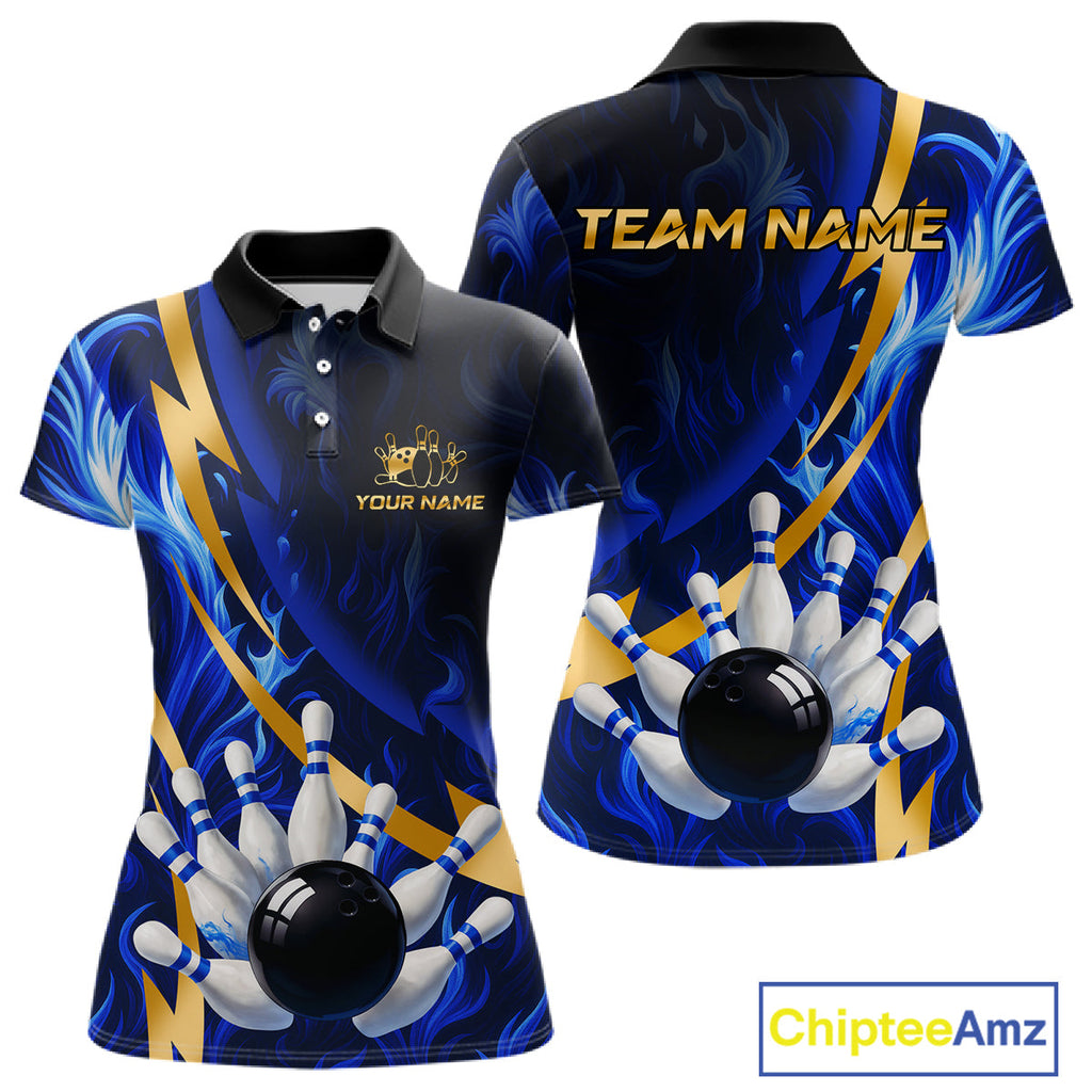 Personalized Bowling Polo, Quarter Zip Shirt Custom Blue Flame and Gold Bowling Team Jersey