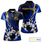 Personalized Bowling Polo, Quarter Zip Shirt Custom Blue Flame and Gold Bowling Team Jersey