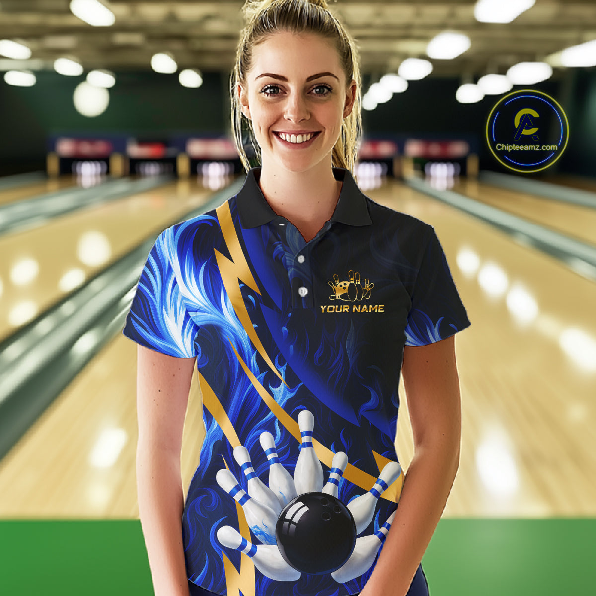 Personalized Bowling Polo, Quarter Zip Shirt Custom Blue Flame and Gold Bowling Team Jersey