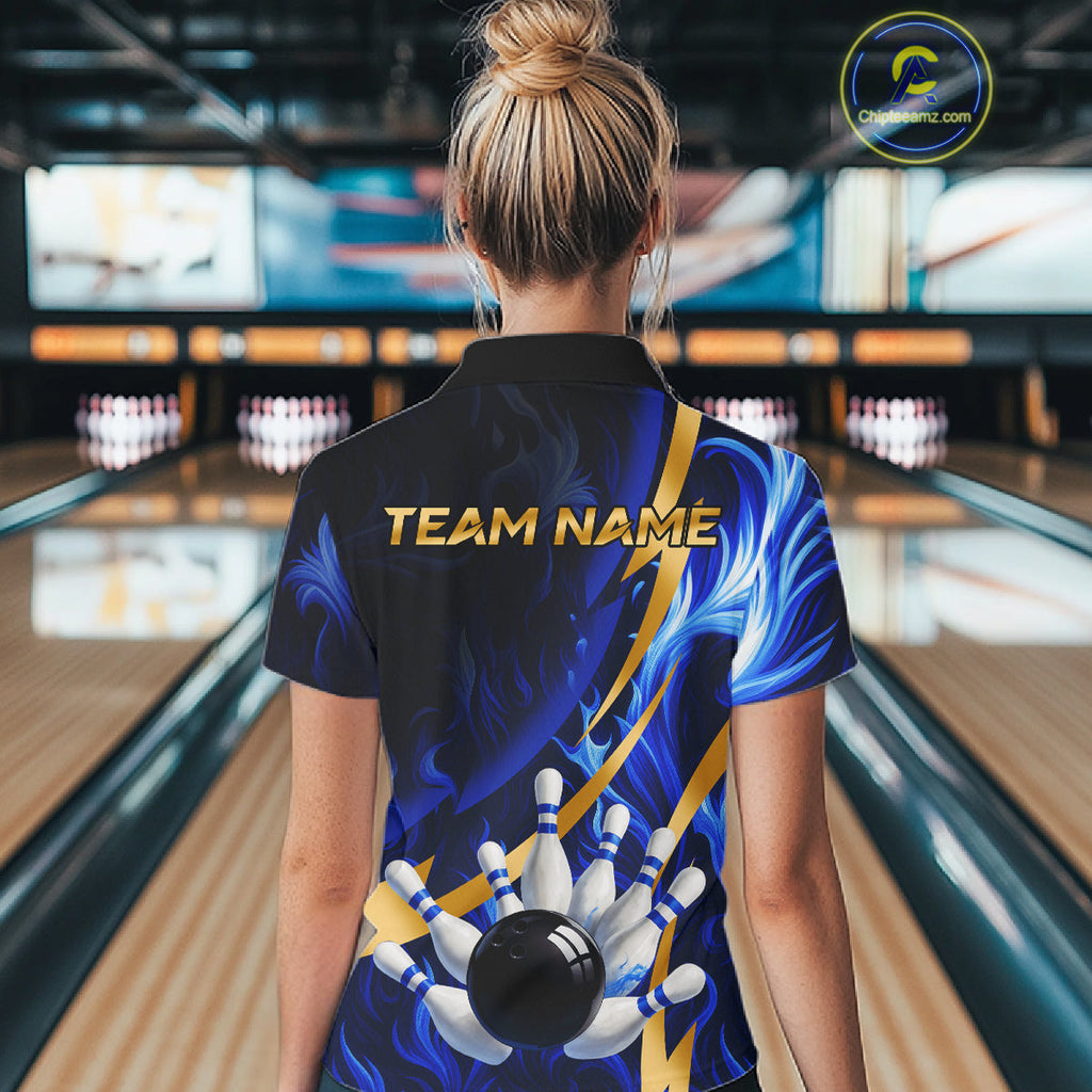 Personalized Bowling Polo, Quarter Zip Shirt Custom Blue Flame and Gold Bowling Team Jersey