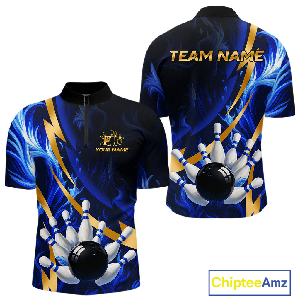 Personalized Bowling Polo, Quarter Zip Shirts Custom Blue Flame and Gold Bowling Team Jersey