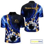 Personalized Bowling Polo, Quarter Zip Shirts Custom Blue Flame and Gold Bowling Team Jersey