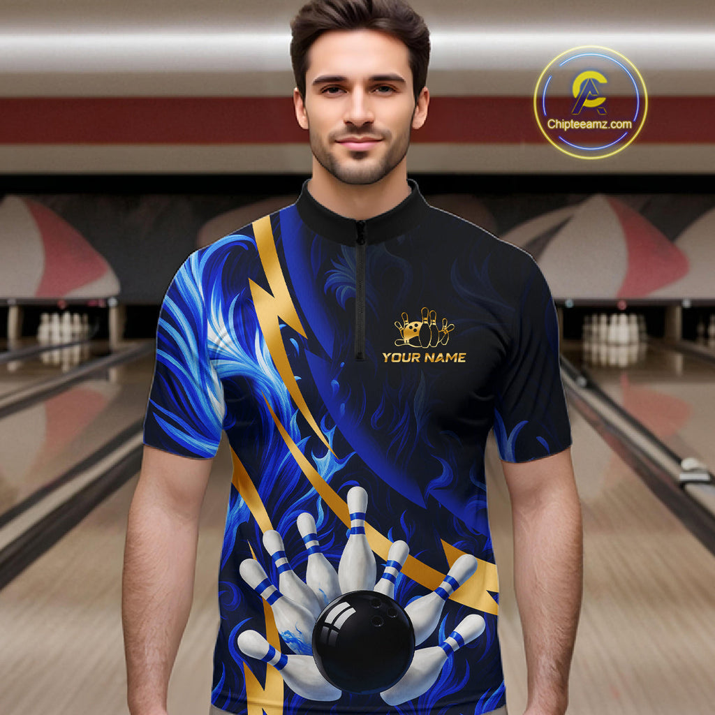 Personalized Bowling Polo, Quarter Zip Shirts Custom Blue Flame and Gold Bowling Team Jersey