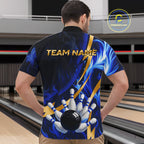 Personalized Bowling Polo, Quarter Zip Shirts Custom Blue Flame and Gold Bowling Team Jersey