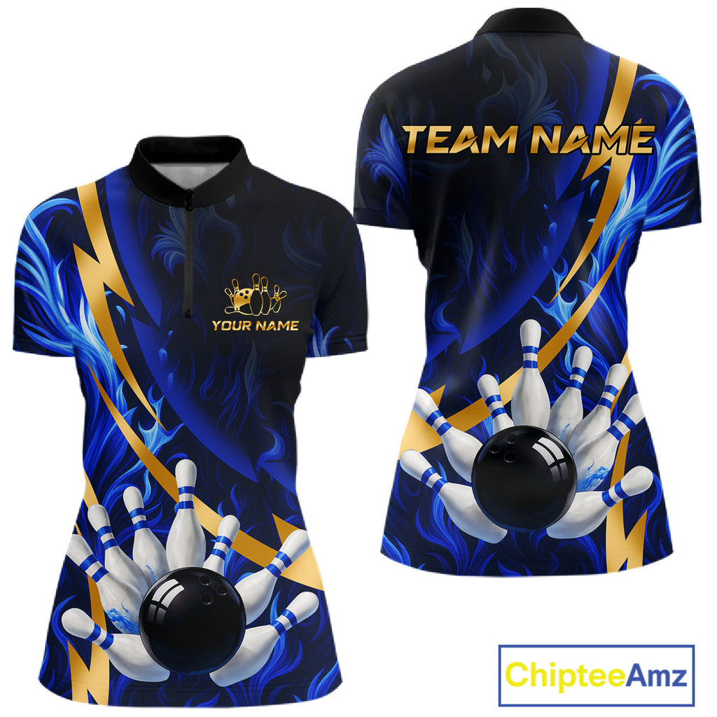 Personalized Bowling Polo, Quarter Zip Shirt Custom Blue Flame and Gold Bowling Team Jersey