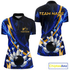 Personalized Bowling Polo, Quarter Zip Shirt Custom Blue Flame and Gold Bowling Team Jersey