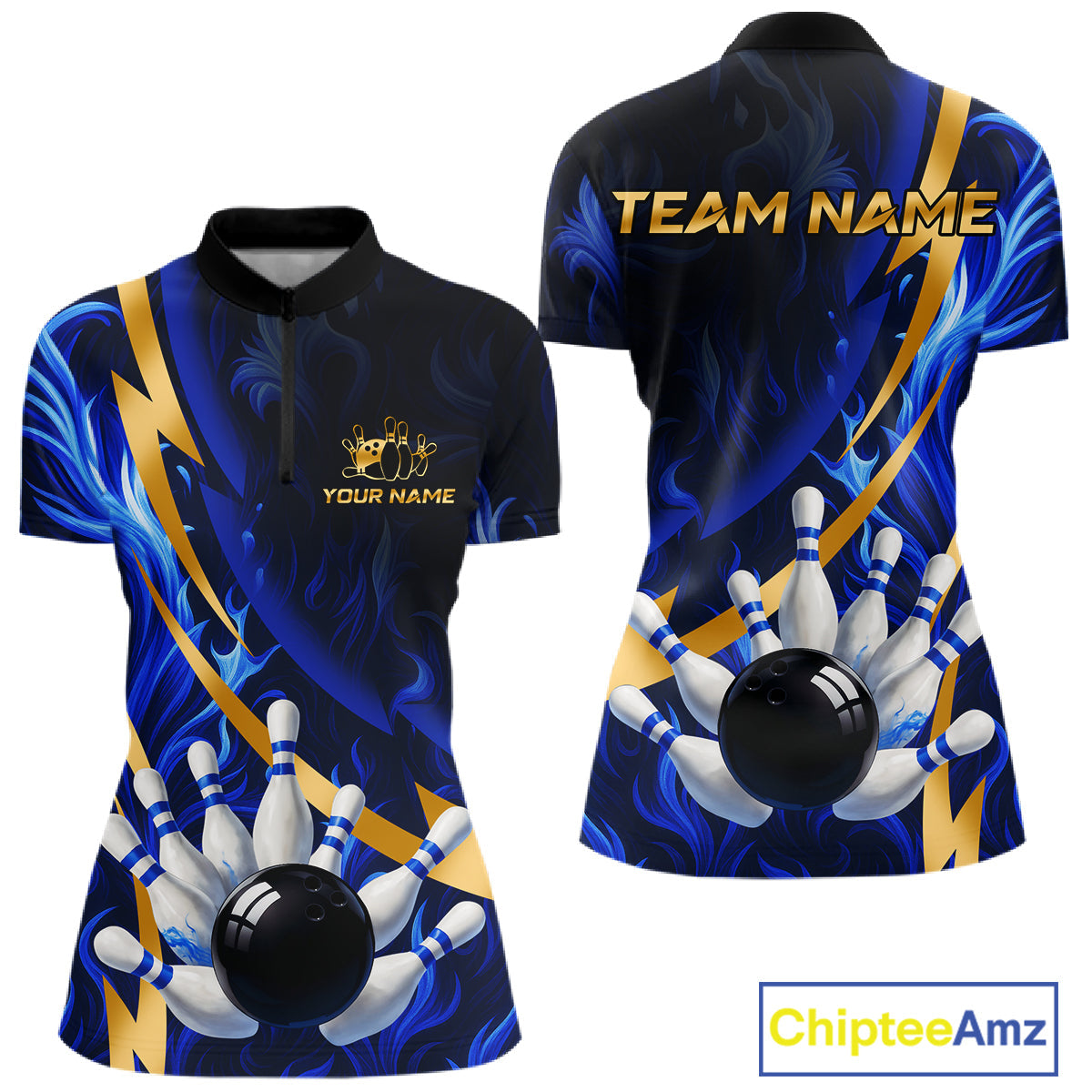 Personalized Bowling Polo, Quarter Zip Shirt Custom Blue Flame and Gold Bowling Team Jersey