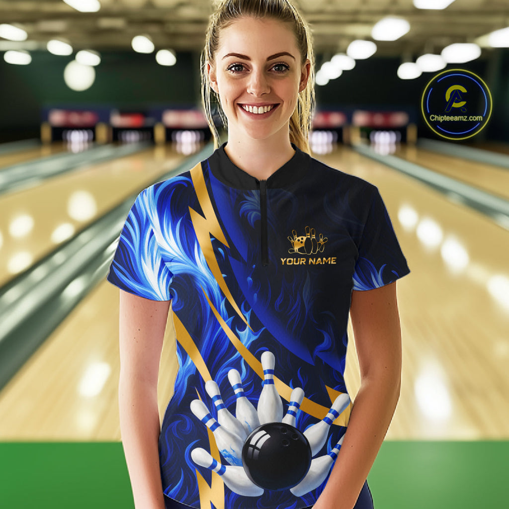 Personalized Bowling Polo, Quarter Zip Shirt Custom Blue Flame and Gold Bowling Team Jersey