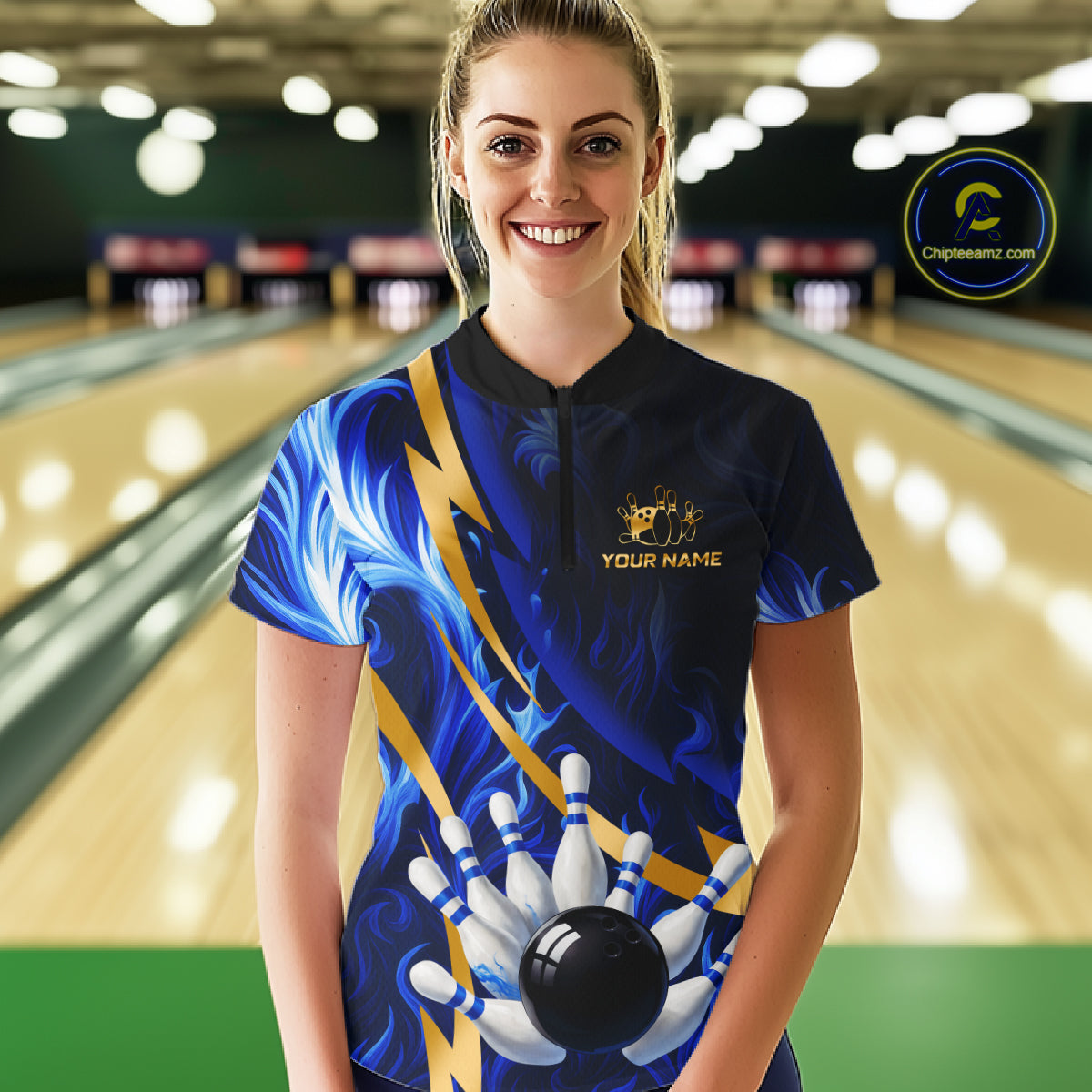 Personalized Bowling Polo, Quarter Zip Shirt Custom Blue Flame and Gold Bowling Team Jersey