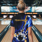 Personalized Bowling Polo, Quarter Zip Shirt Custom Blue Flame and Gold Bowling Team Jersey