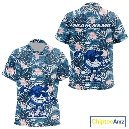 Blue tropical leaf pattern pink flower funny Golf polo shirts Custom golf outfits