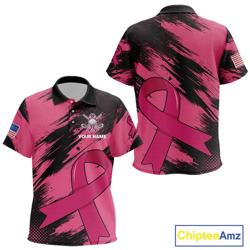 Black and Pink ribbon golf polo shirts Custom breast cancer American flag golf top
