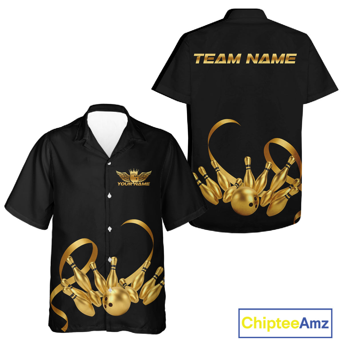 Black and Gold Ribbon Bowling Hawaiian shirts Custom Breast Cancer Bowling Team Button up Shirt