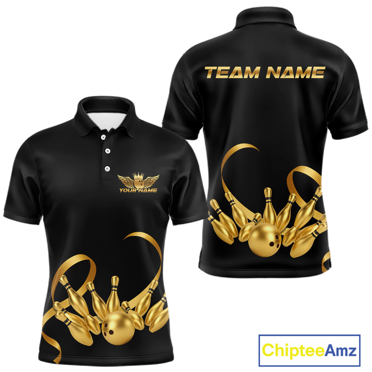 Black and Gold Ribbon Bowling Polo, 1/4 Zip Shirts Custom Breast Cancer Bowling Team Shirt