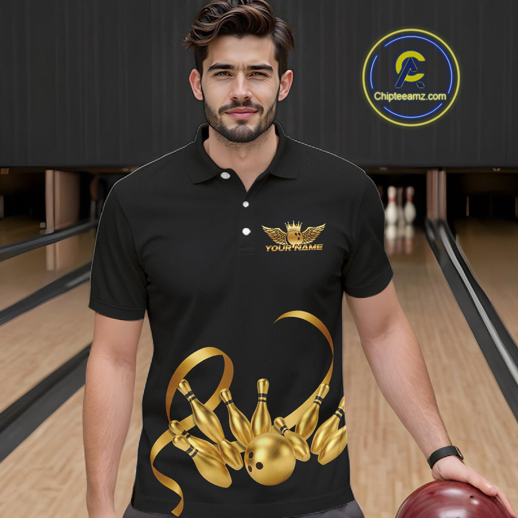 Black and Gold Ribbon Bowling Polo, 1/4 Zip Shirts Custom Breast Cancer Bowling Team Shirt