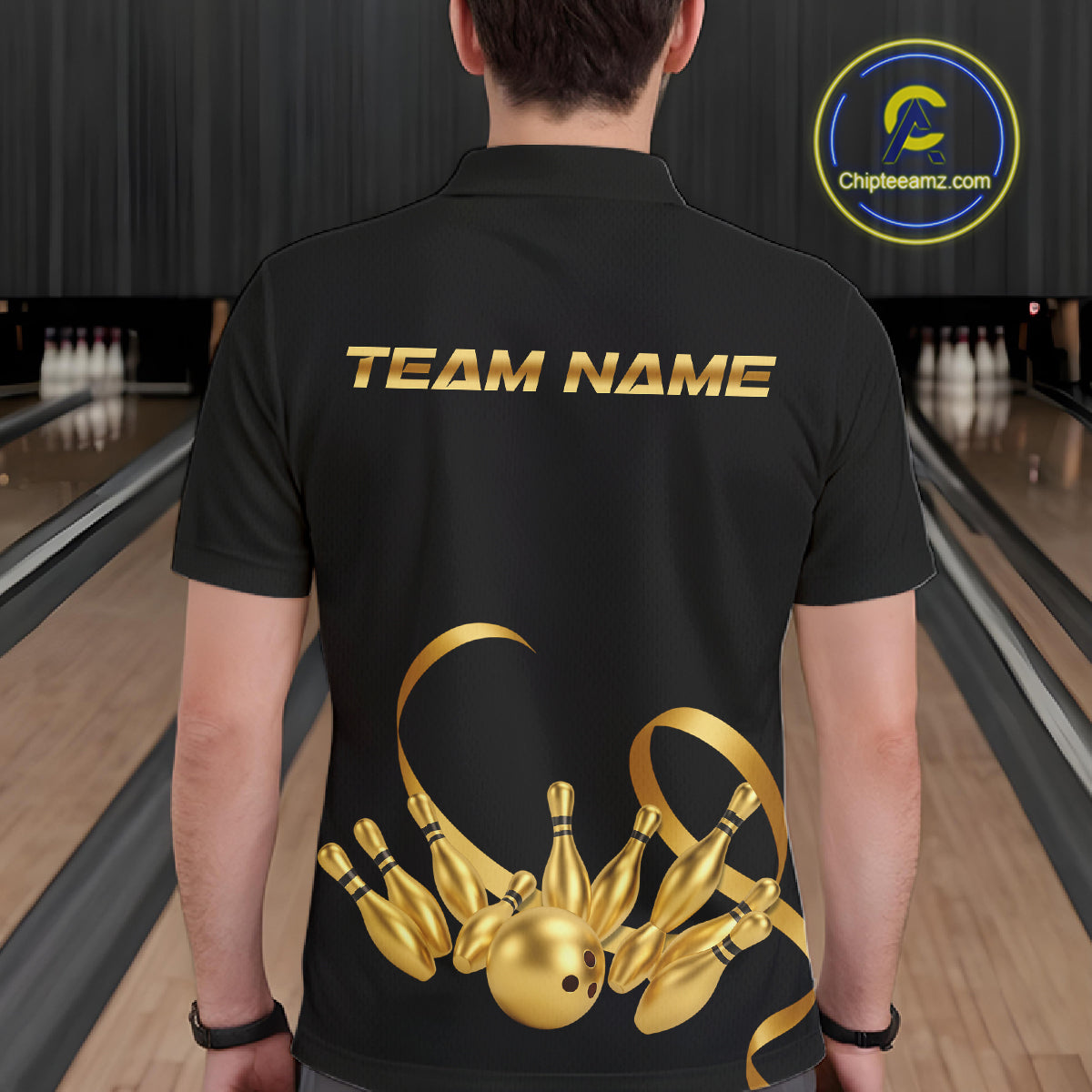 Black and Gold Ribbon Bowling Polo, 1/4 Zip Shirts Custom Breast Cancer Bowling Team Shirt