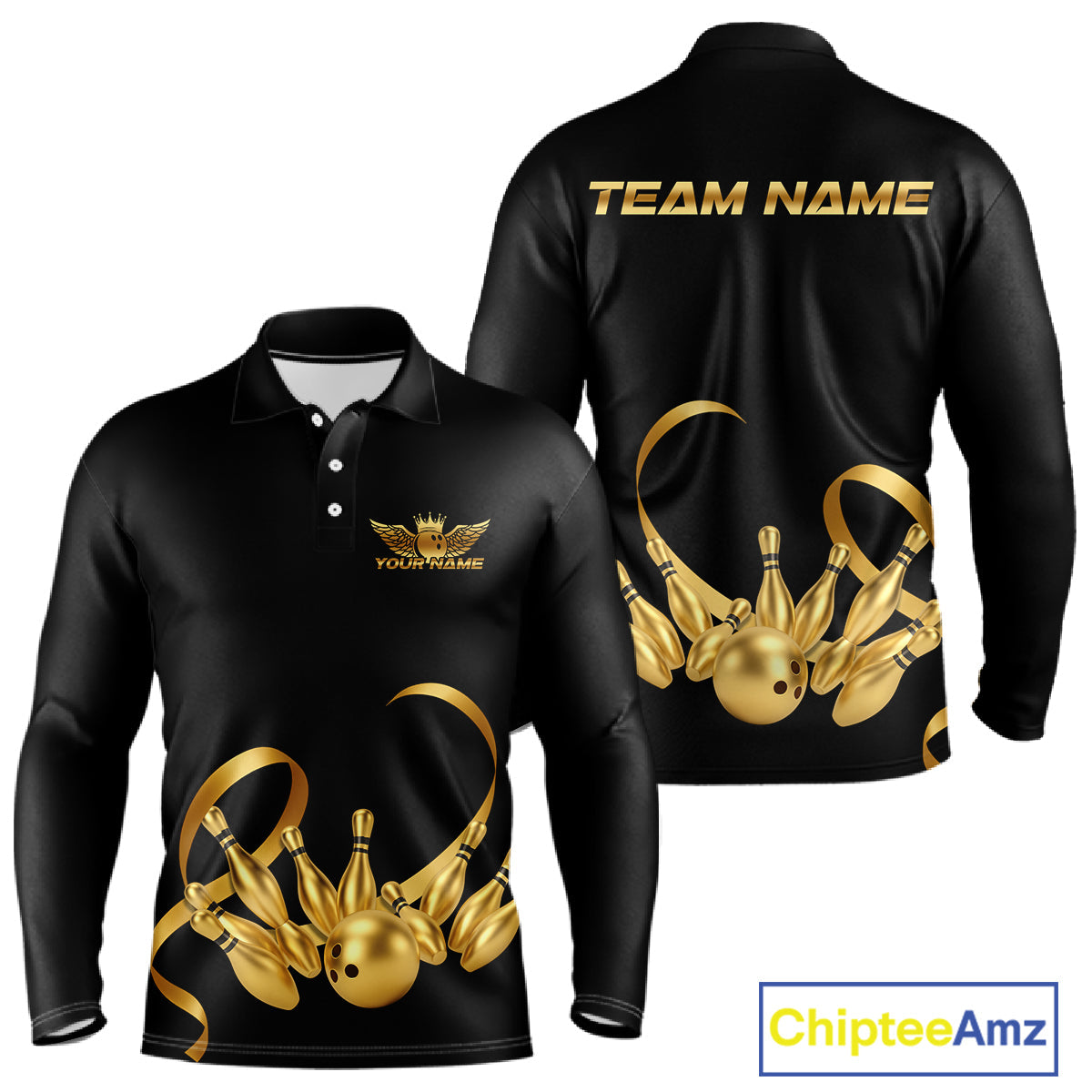 Black and Gold Ribbon Bowling Polo, 1/4 Zip Shirts Custom Breast Cancer Bowling Team Shirt