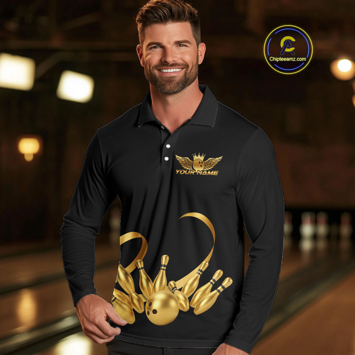 Black and Gold Ribbon Bowling Polo, 1/4 Zip Shirts Custom Breast Cancer Bowling Team Shirt