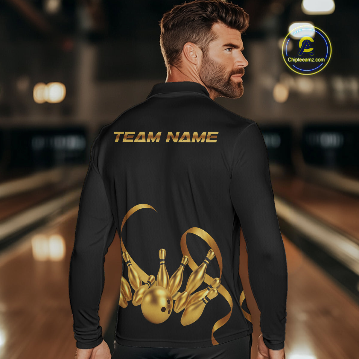 Black and Gold Ribbon Bowling Polo, 1/4 Zip Shirts Custom Breast Cancer Bowling Team Shirt