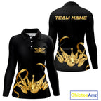 Black and Gold Ribbon Bowling Polo, 1/4 Zip Shirts Custom Breast Cancer Bowling Team Shirt