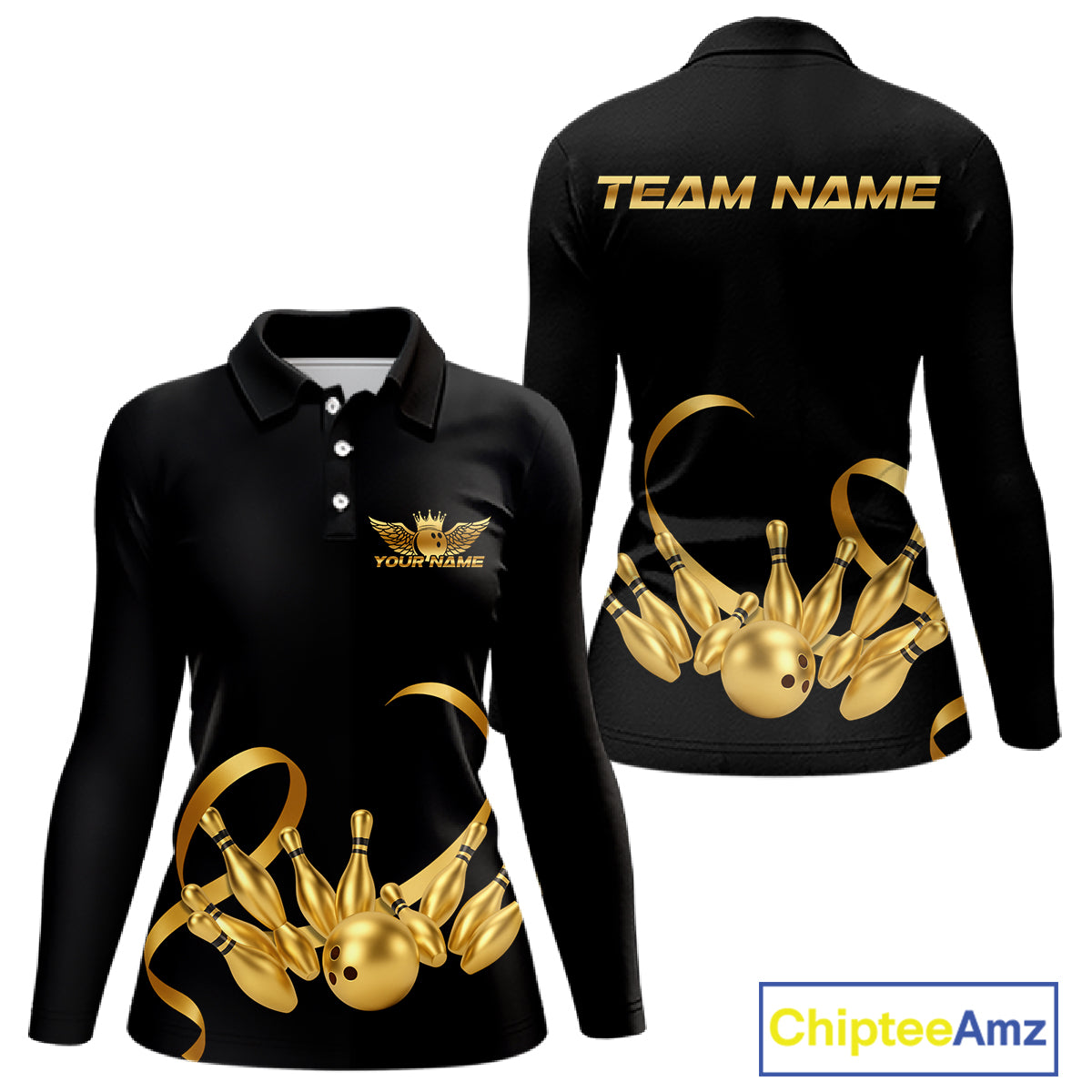 Black and Gold Ribbon Bowling Polo, 1/4 Zip Shirts Custom Breast Cancer Bowling Team Shirt