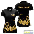 Black and Gold Ribbon Bowling Polo, 1/4 Zip Shirts Custom Breast Cancer Bowling Team Shirt