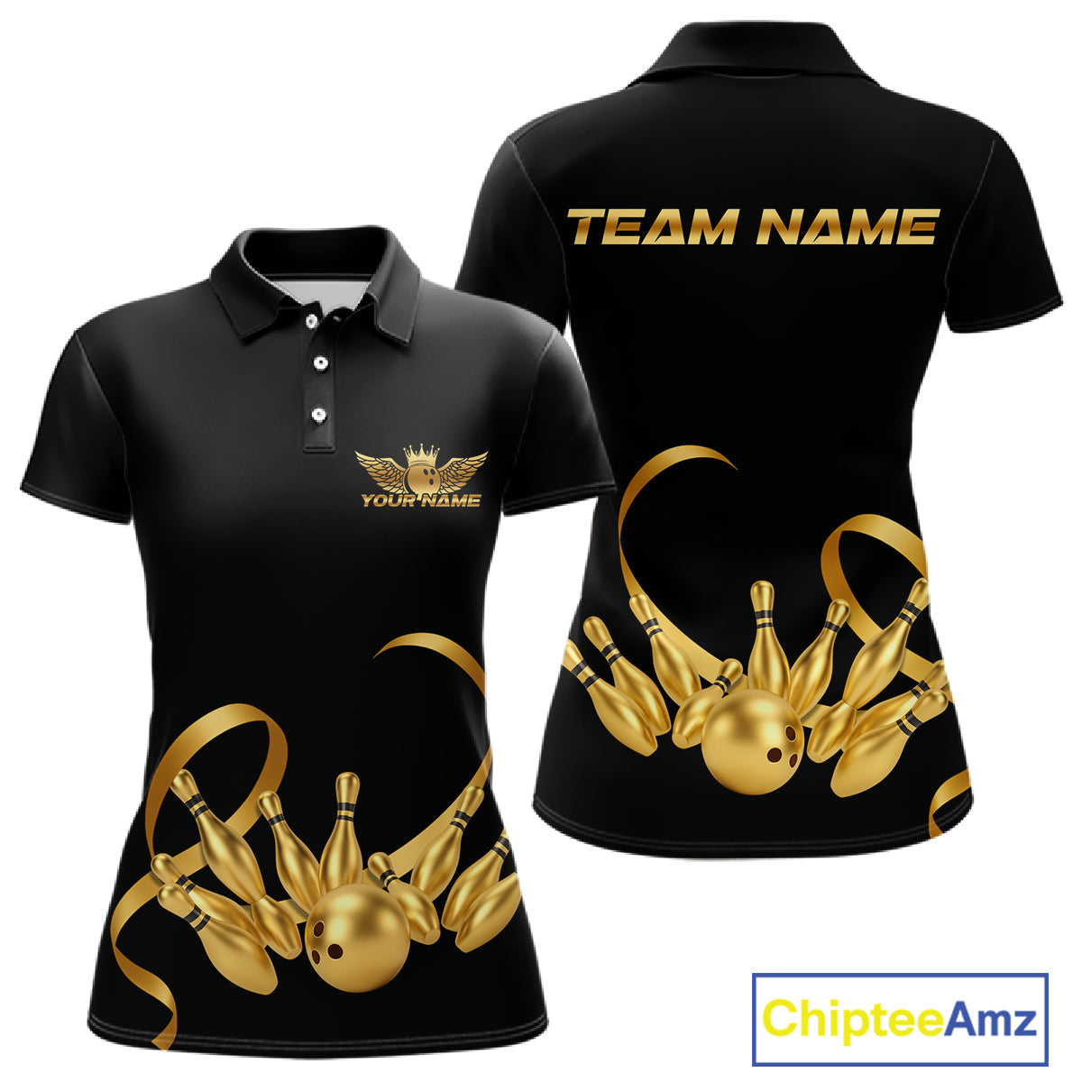 Black and Gold Ribbon Bowling Polo, 1/4 Zip Shirts Custom Breast Cancer Bowling Team Shirt