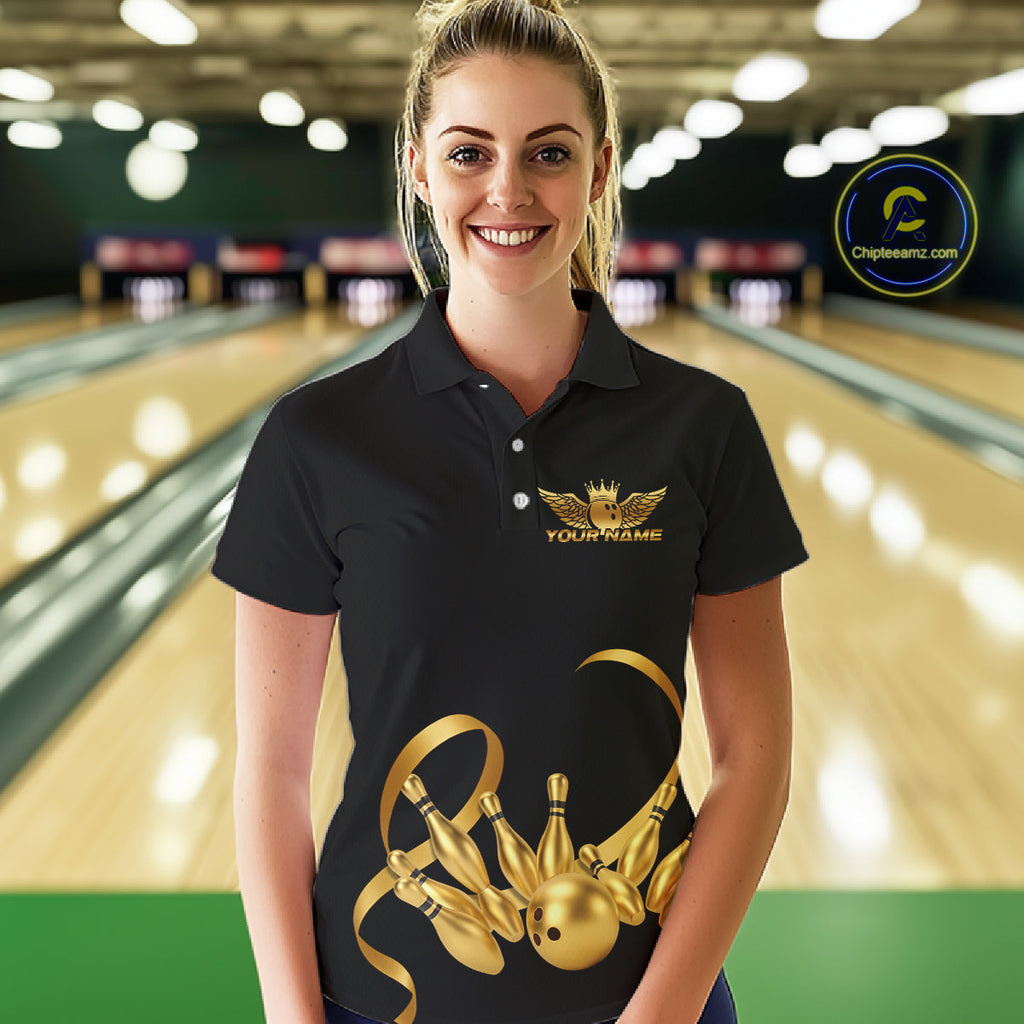 Black and Gold Ribbon Bowling Polo, 1/4 Zip Shirts Custom Breast Cancer Bowling Team Shirt