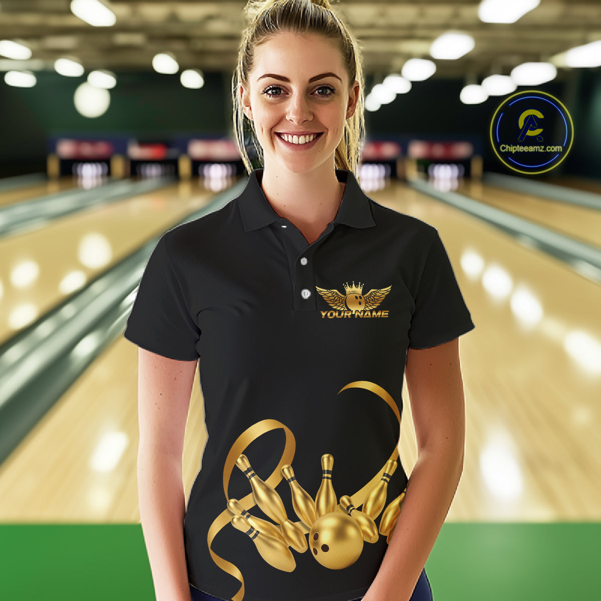 Black and Gold Ribbon Bowling Polo, 1/4 Zip Shirts Custom Breast Cancer Bowling Team Shirt