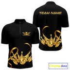 Black and Gold Ribbon Bowling Polo, 1/4 Zip Shirts Custom Breast Cancer Bowling Team Shirt