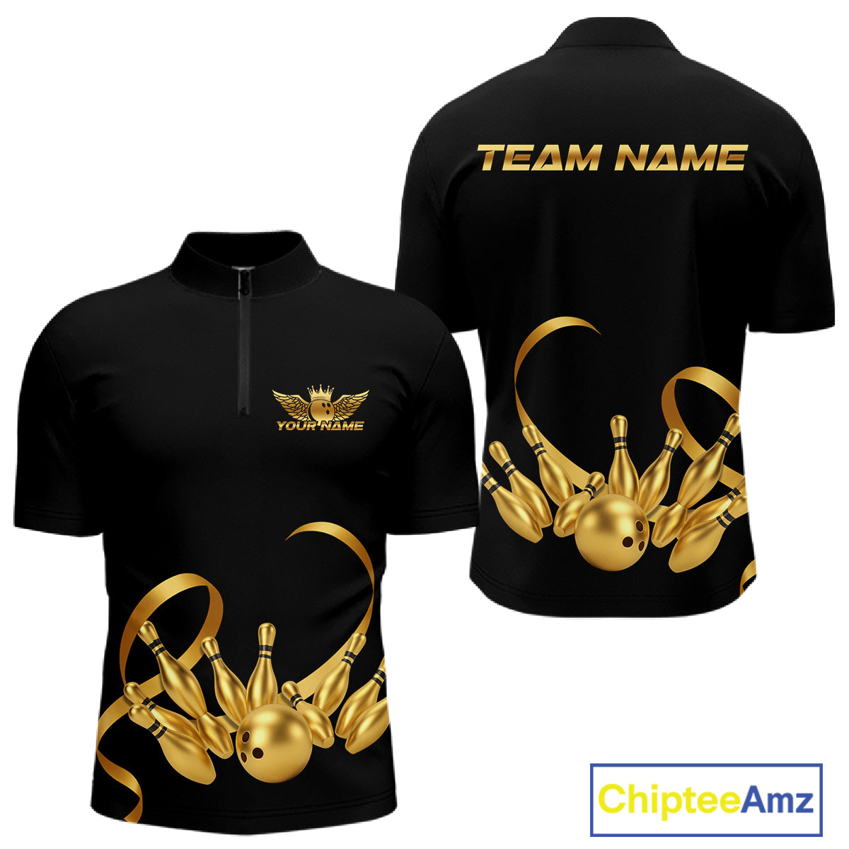Black and Gold Ribbon Bowling Polo, 1/4 Zip Shirts Custom Breast Cancer Bowling Team Shirt