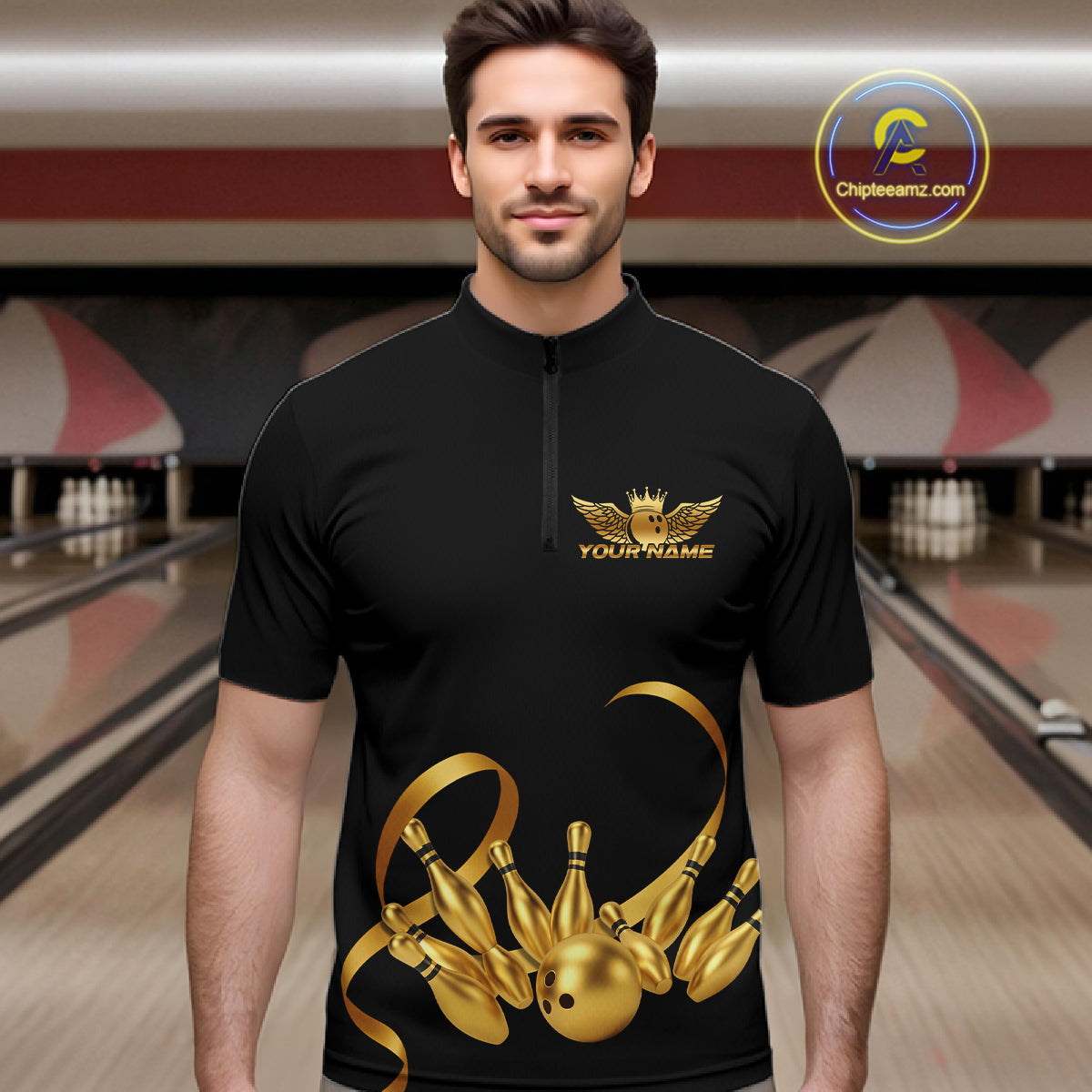 Black and Gold Ribbon Bowling Polo, 1/4 Zip Shirts Custom Breast Cancer Bowling Team Shirt