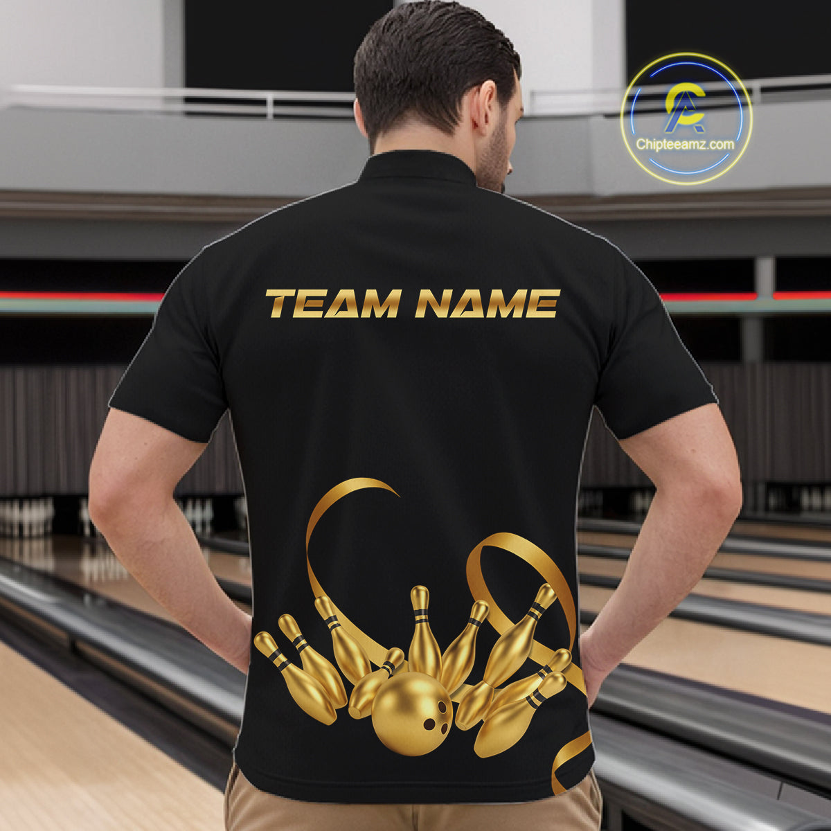 Black and Gold Ribbon Bowling Polo, 1/4 Zip Shirts Custom Breast Cancer Bowling Team Shirt
