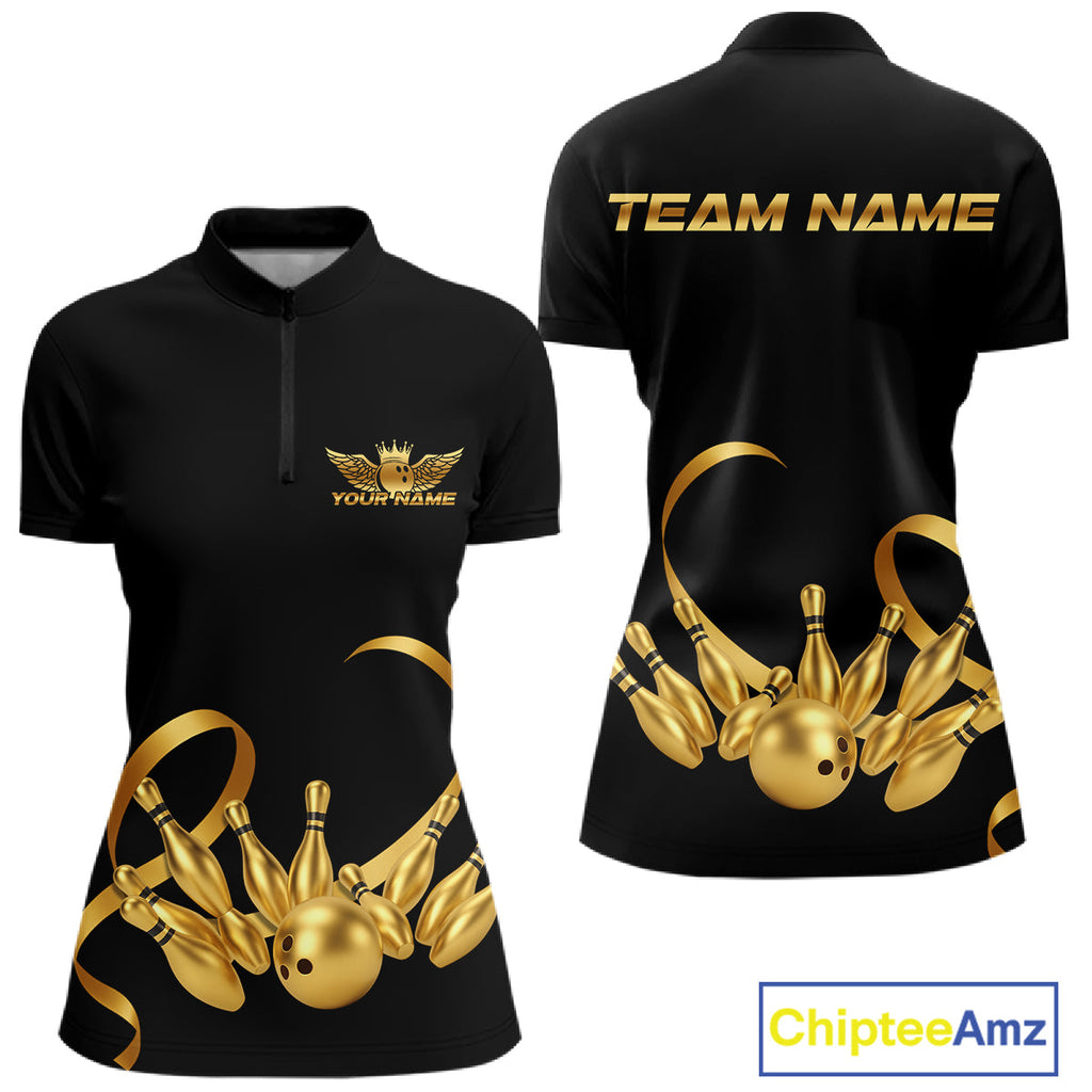 Black and Gold Ribbon Bowling Polo, 1/4 Zip Shirts Custom Breast Cancer Bowling Team Shirt