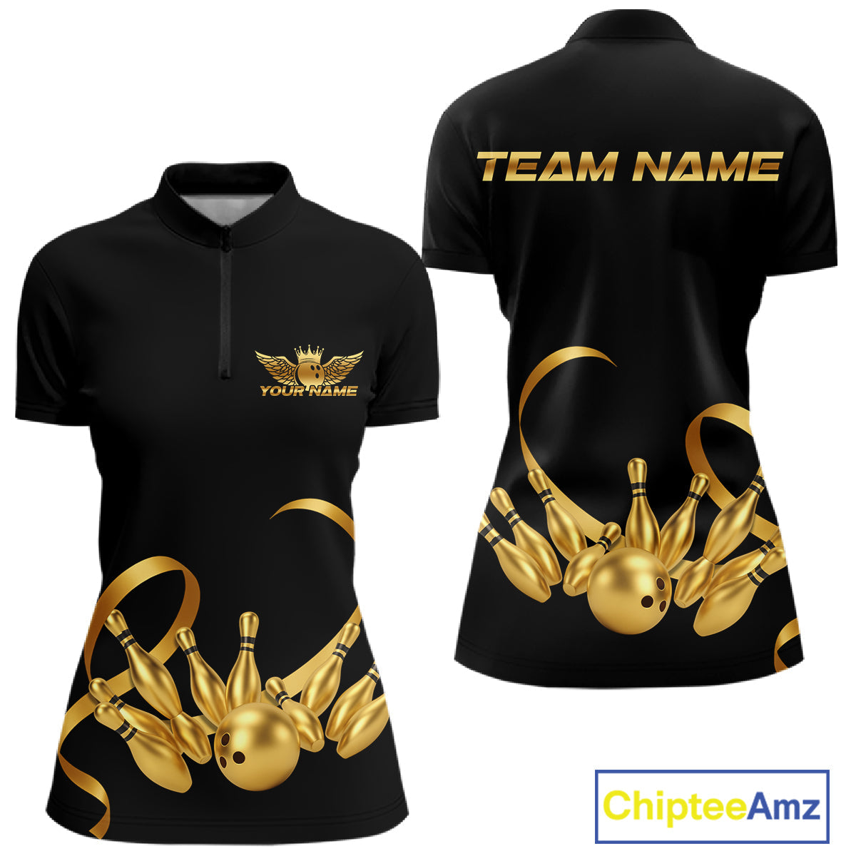 Black and Gold Ribbon Bowling Polo, 1/4 Zip Shirts Custom Breast Cancer Bowling Team Shirt