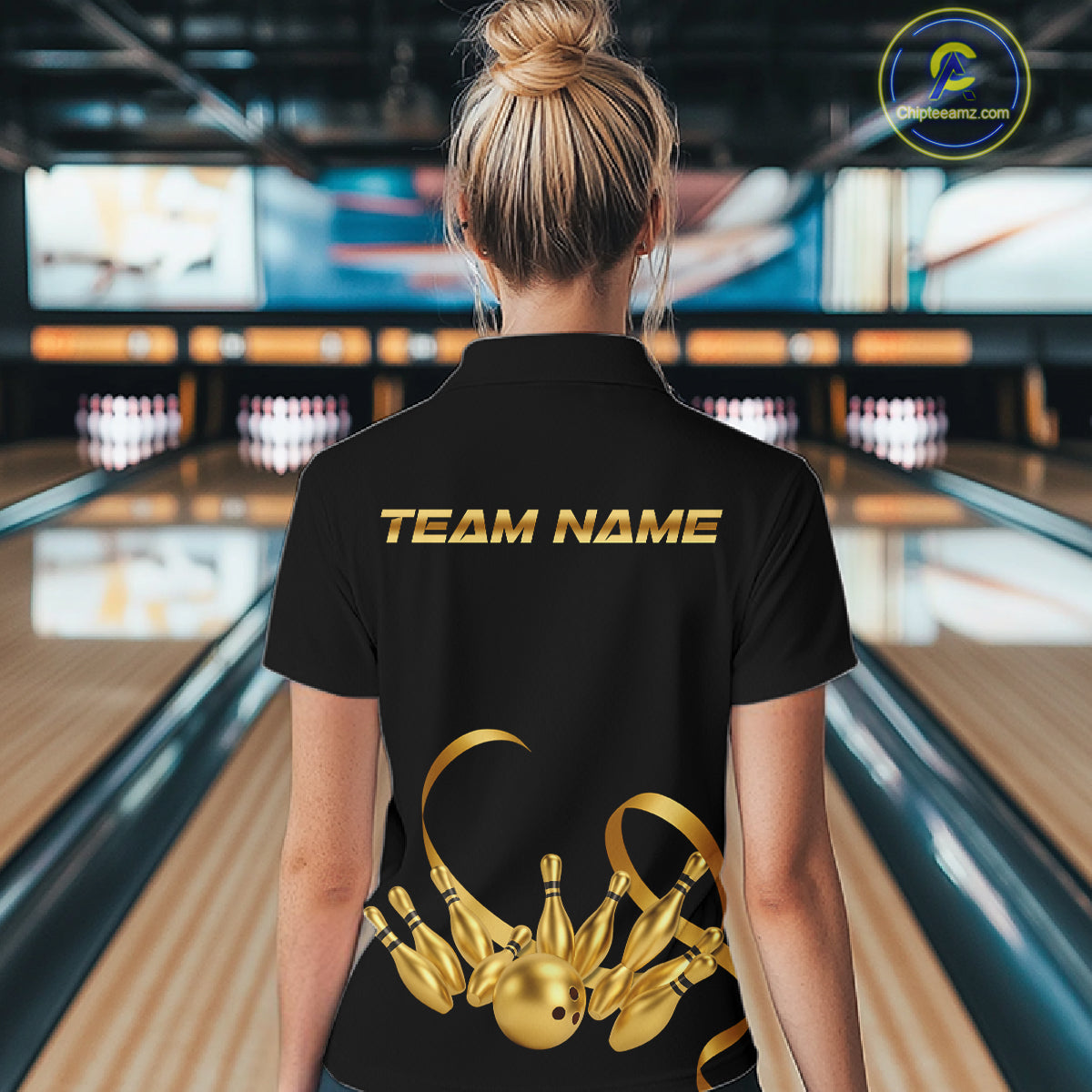 Black and Gold Ribbon Bowling Polo, 1/4 Zip Shirts Custom Breast Cancer Bowling Team Shirt