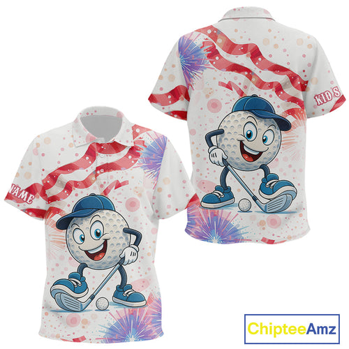 Funny Golf Ball Watercolor red, white and blue golf polo shirt custom patriotic fun golf shirts