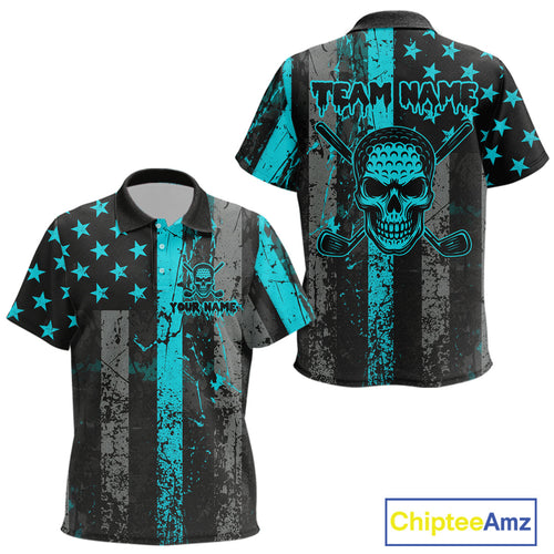 Custom Turquoise Grunge American Flag Patriotic Skull Golf Shirt, Retro Golf top
