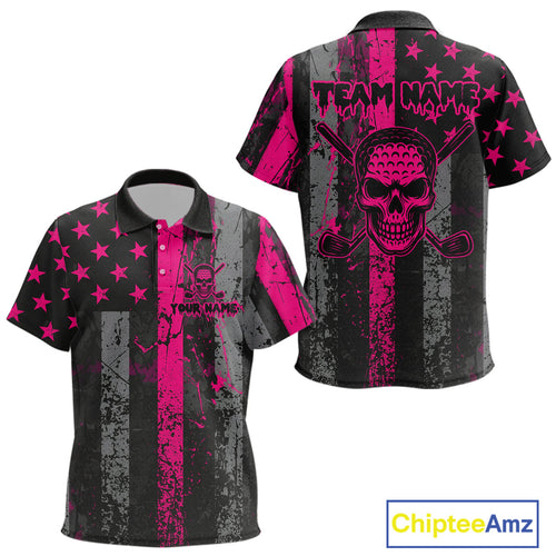 Custom Pink Grunge American Flag Patriotic Skull Golf Shirt, Retro Golf top