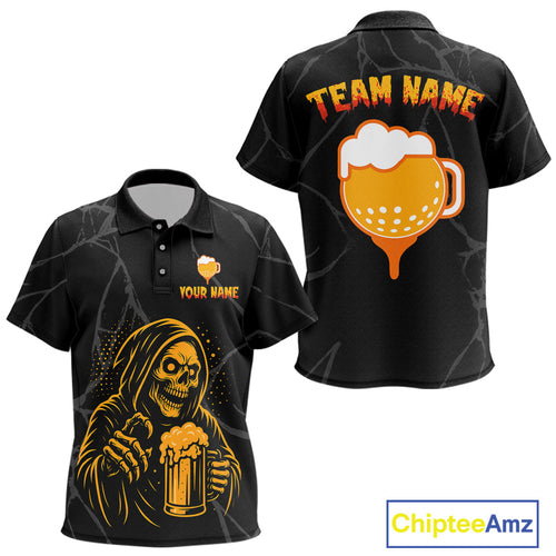 Golf and beer golf polo shirt Custom black and gold skull golf attire Halloween outfit