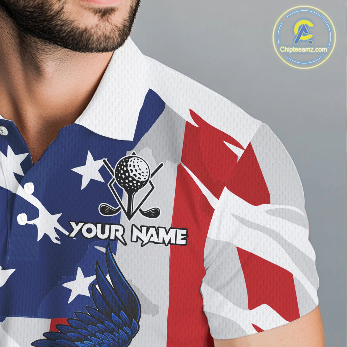 Red, White and Blue American Flag Eagle Golf Polo Shirts Custom Patriotic Golf attire