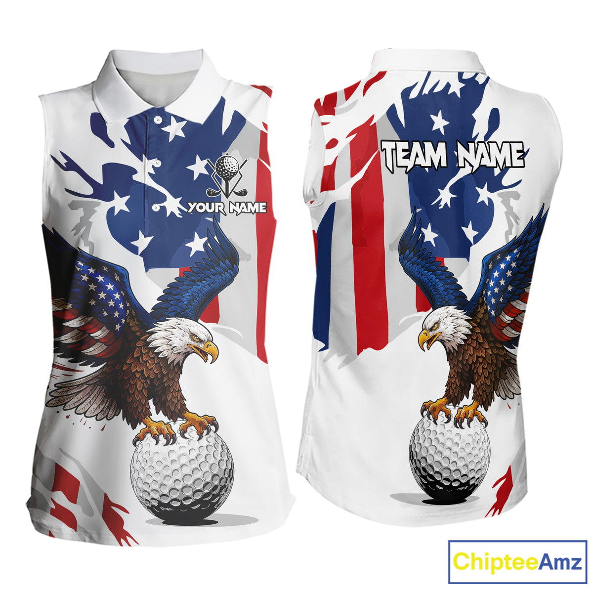 Red, White & Blue American Flag Eagle Sleeveless Polo Shirt Custom Patriotic Golf attire